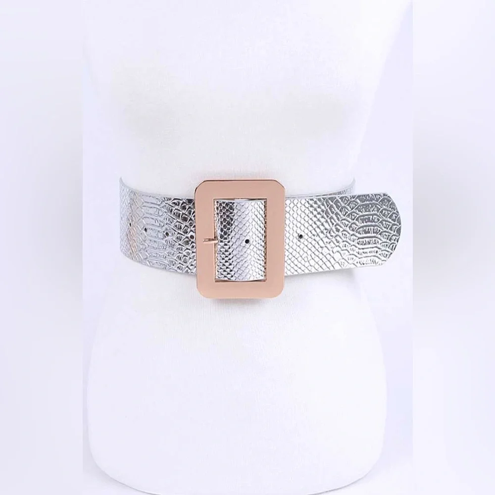 Metallic Vegan Leather Snakeskin Animal Print Statement Belt